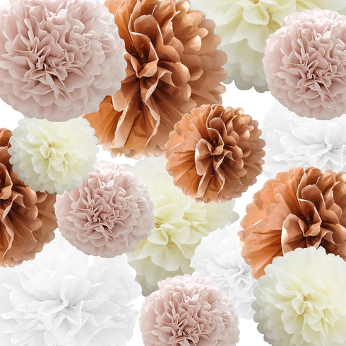 Tissue Paper Pompoms, 22 Pcs Dusty Pink, Rose Gold, Ivory, White Paper Flower Balls for Party Decoration