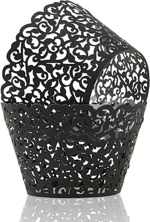 KPOSIYA 120 Pack Artistic Cupcake Wrappers, Black Laser Cut Cake Paper Cups for Wedding Baby Shower Birthday Decoration