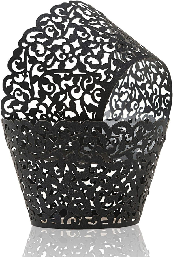 KPOSIYA 120 Pack Artistic Cupcake Wrappers, Black Laser Cut Cake Paper Cups for Wedding Baby Shower Birthday Decoration