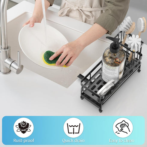 Sink Organizer Caddy for Kitchen Counter, Black Dish Sponge Holders and Instant Dry Brush Holders for Storage
