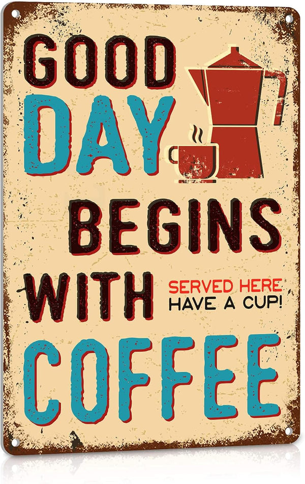 Vintage Cafe Station Coffee Sign, Aluminum Metal Wall Decor for Home Kitchen, 8 x 12 inches