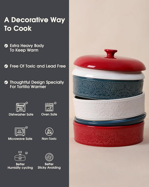8.8 Inch FE Ceramic Tortilla Warmer,Lace Emboss Tortilla Holder with Lid for Taco Tuesday, Mexican Night and Party,Taco