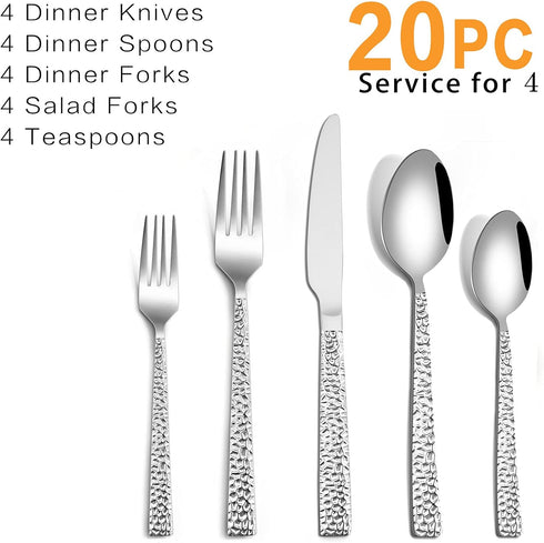 Hammered Silverware Set, HaWare 20-Piece Stainless Steel Flatware Set for 4, Eating Utensils Tableware Cutlery Set for Kitchen Hotel Restaurant Party, Mirror Polished - Dishwasher Safe by HaWare