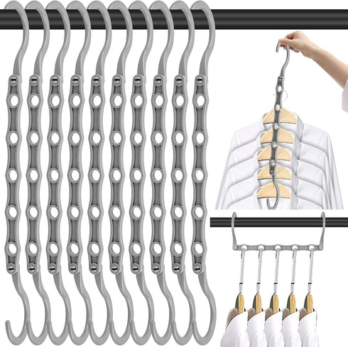 Space Saving Hangers, 10PCS Magic Hangers, 5 Holes Sturdy Plastic Clothes Organizer, Gray