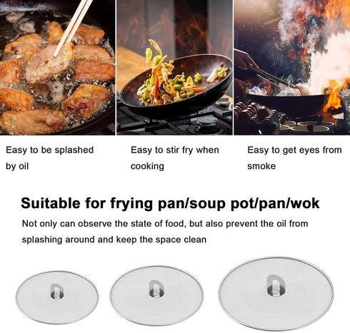 Splatter Screen for Cooking - Set of 3 Stainless Steel Grease Splatter Guard for Frying Pan, No Cooking Oil Mess