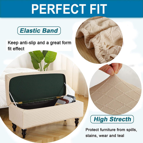 ANWUCHEN Rectangle Ottoman Cover - Stretch Slipcover with Storage, Elastic Bands Ties, Beige Medium