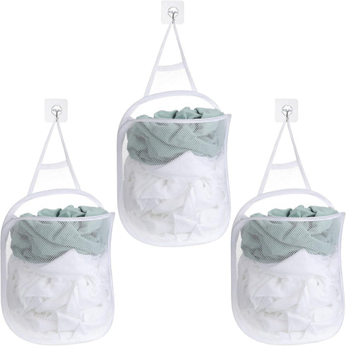 3 Pieces Hanging Laundry Hamper Bag, Foldable Mesh Hamper with Carry Handle for Dirty Cloth, Toy, Camping, Hotel Use