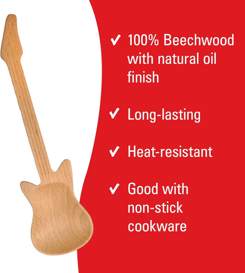 Kikkerland Novelty Guitar Wooden Spoon for Kitchen Beechwood, Heat Resistant, Use with Non-Stick Cookware Unique Gift