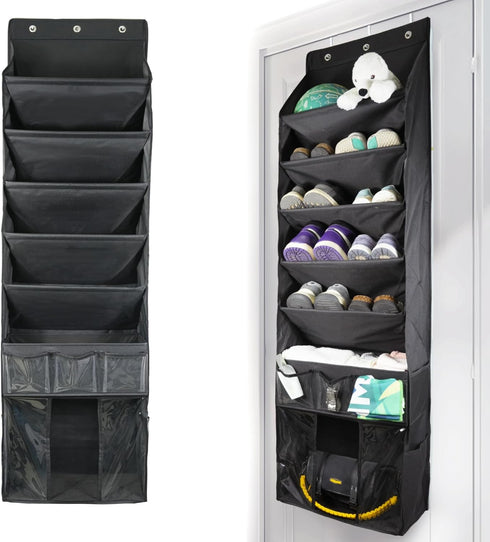 3in1 5 Over The Door Shoe Organizer with Slanted Compartments,Removable Storage Bin & Transparent Pockets,Thickened