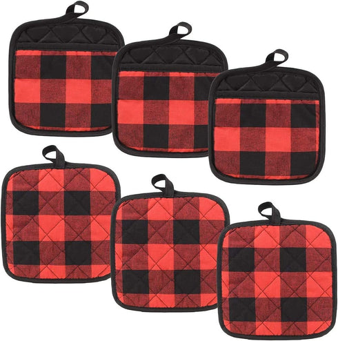 4/6 Pack Buffalo Check Plaid Pot Holders with Pocket, Kitchen Hot Pad Oven Mitts for Cooking and Baking (Red, 6 Pack)