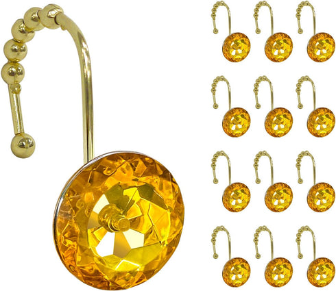 Sunlit Luxury Design Round Yellow Diamond Crystal Gem Bling Shower Curtain Hooks, Rust Proof Metal Rings - 12 Pack