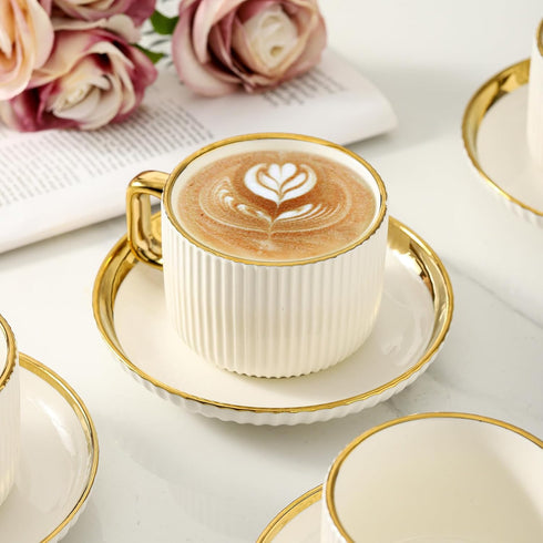 8oz Set, Set 4, LETAOTAO Cappuccino Cups with Saucers, Ceramic Coffee Cups with Saucers Latte Art Coffee Mugs with Gold