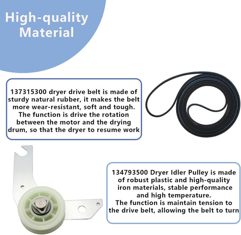 Upgraded 134793500 Dryer Idler Pulley & 137315300 Drive Belt Assembly for Electrolux Frigidaire Dryers