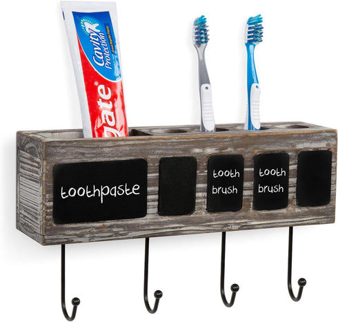 4 4 MyGift Wall Mounted Solid Torched Wood Bathroom Accessory Holder and Towel Hook Rack, Toothbrush Holder Shelf Rack