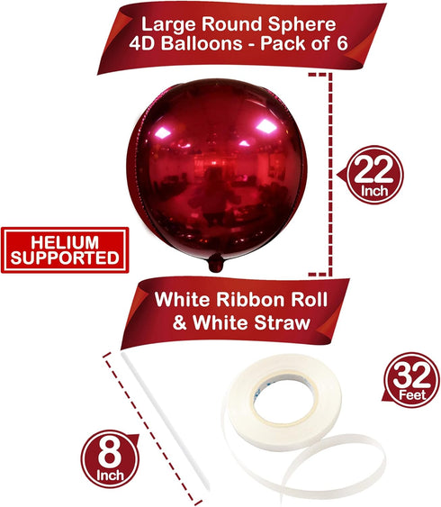 KatchOn Huge Metallic Red Balloons - 22 Inch, Pack of 6 Round 4D Mylar Balloons for Birthday, Anniversary Decorations