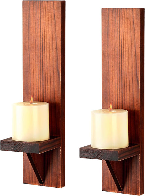 OwnMy Set of 2 Wooden Wall Candle Sconces Rustic Wall Mount Wooden Pillar