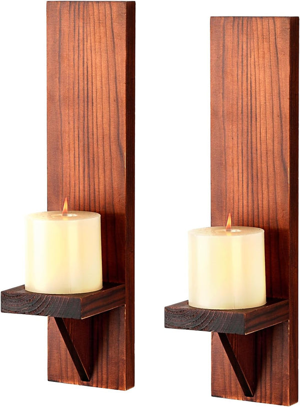 OwnMy Set of 2 Wooden Wall Candle Sconces Rustic Wall Mount Wooden Pillar