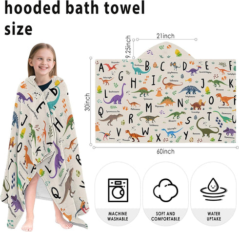 30" 50", Dinosaur Hooded Beach Towel for Kids, Alphabets Hooded Towels for Toddlers x Kids Beach Towels for Pool