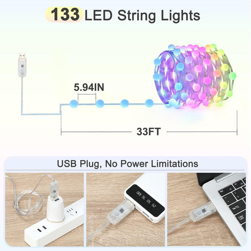 66ft 133 200+ Globe String Lights, LED RGB Color Changing String Fairy Lights, Smart APP & IR Remote Control, Scene