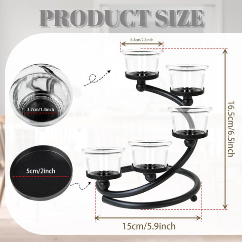 2Pcs 5-arm Black Metal & Glass Tea Light Candle Holders for Table Centerpiece, Glass Votive Tealight Holders/Candelabra