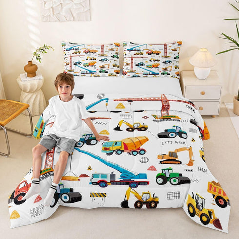 Set Bulldozer Set 3Pcs Tractor Comforter, Excavator Machinery Trucks Bedding Full Size, Construction Vehicle Down