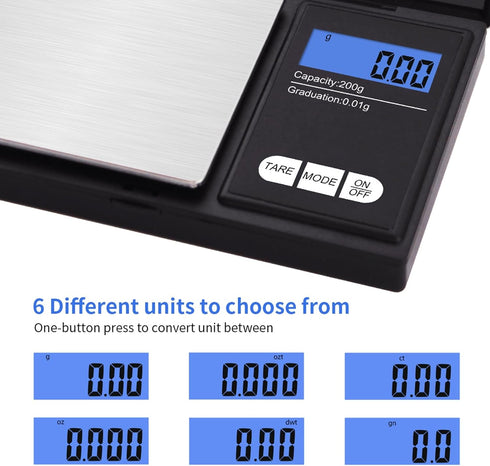 Digital Gram Scale, 200g 0.01g/0.001oz Weight Scale for Grain, Gold, Jewelry, LCD Display, Tare, Auto Off