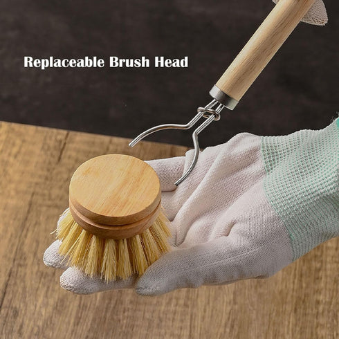 SUPRNN 1 3 Bamboo Dish Brush with Handle, Sturdy Wooden Handle with Natural Bristle Heads, Horsehair, Sisal, Palm - All
