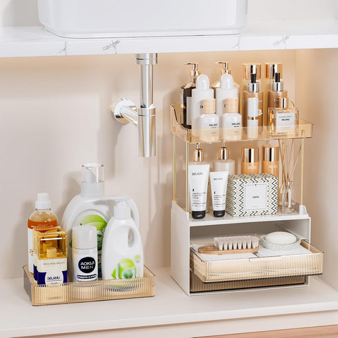 2 3 Countertop, Counter, Delamu Bathroom Organizers and Storage, Tier Drawer Makeup Organizer Easy to Install, Ideal