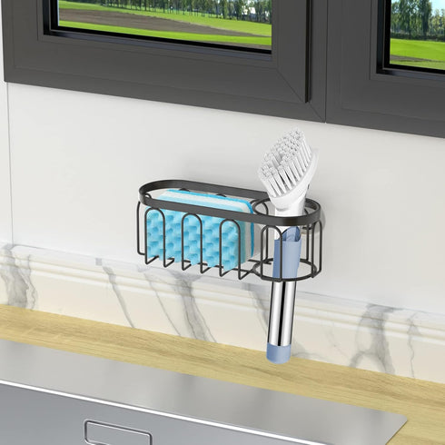 Yazoni 2-in-1 Sponge Holder for Kitchen Sink, Suction Cup Rack, Rustproof Organizer for Dishwashing Brush & Soap (Black)
