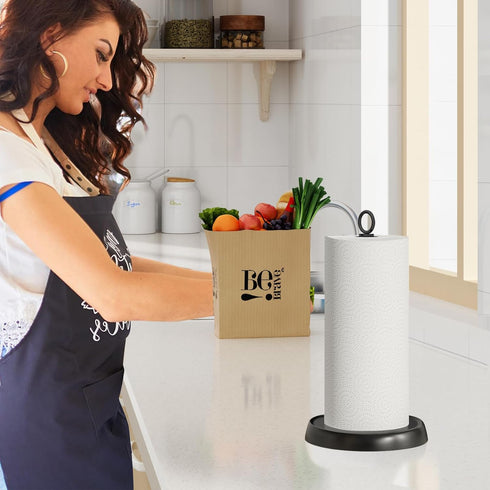 Black Paper Towel Holder for Standard & Jumbo Rolls, Stainless Steel Countertop Stand with Anti-Slip Weighted Base
