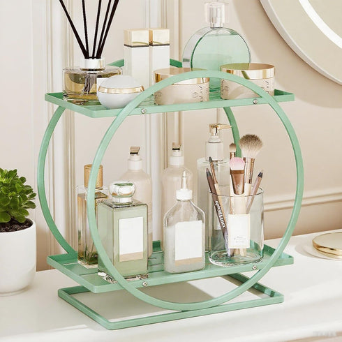 Green Perfume Organizer for Dresser, 2-Tier Bathroom Counter Organizers, Elegant Round Makeup