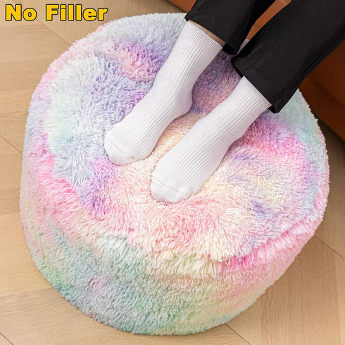 Asuprui Pouf Ottoman, Unstuffed Round Bean Bag Poof Seat, Soft Faux Fur Footrest Stool 20x20x12 Inches, Rainbow Cover