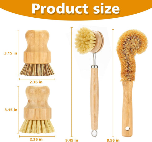 Bamboo Dish Brushes Sets 4 Tools in One Kitchen Clean Dish Scrubber for Pots Pans Bottles with Natural Bristles (Bamboo Brushes Sets) by SAMEBUTECO