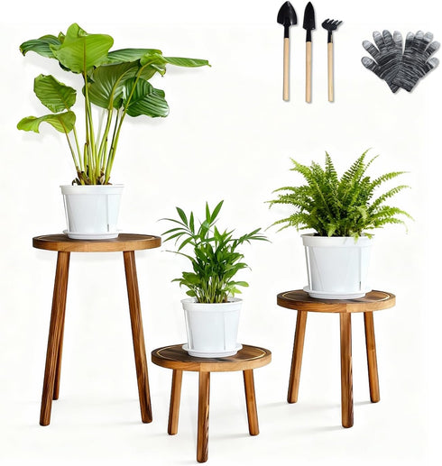 AMVAQKER 3 PCS Wood Plant Stands Indoor, Three Sizes of Plant Stands Suitable
