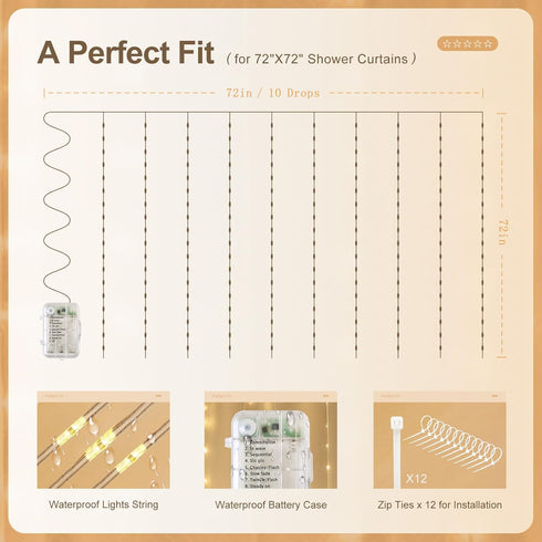 72 72 Inches 180 Fairy Lights for Shower Curtains, Waterproof String Lights for x Shower Curtains Battery Operated Warm