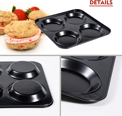 Muffin Top Pan Non Stick 4 Cavity Baking Moon Pie Whoopie Pie, 4 Inch Yorkshire Pudding Pan Hamburger Bun Pan Cake Baking Tray Egg Sandwich Mold Maker Mold for Oven, Air Fryer