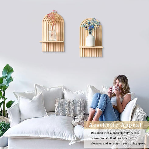 LIYAOLI Set 2-15 8.6 Inch Boho Wall Shelf of x Arched Wooden Hanging Shelves for Living Room & Bedroom - Mid-Century