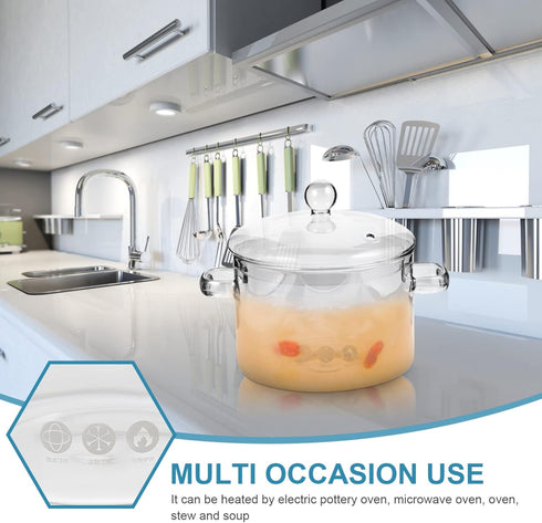 Vaguelly Clear Glass Cooking Pot, 1500mL Saucepan with Lid, Double-Handle Simmer Pot for Milk, Pasta, Noodles, Soup,