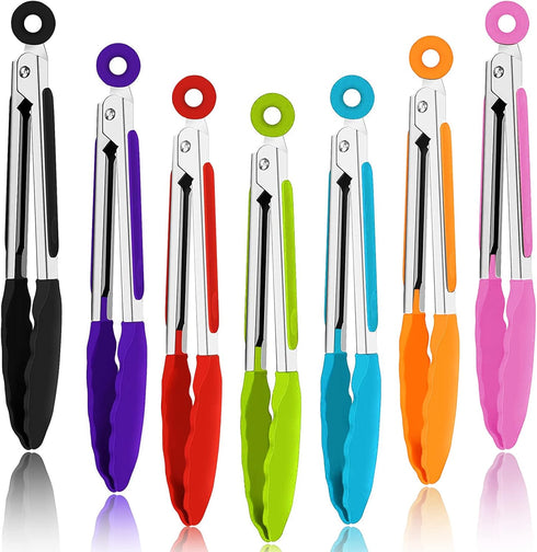 7 Pack Kitchen Tongs - 7 Inch Small Silicone Tongs with Stainless Steel Handles, Heat Resistant Non-Stick