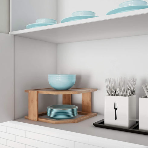 2-Tier Countertop, Bamboo Corner Shelf for Kitchen or Bathroom Cabinet, Cupboard Storage and Organizer, Natural Wood