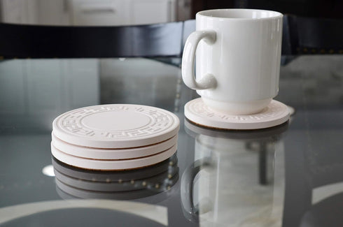 Coaster Stone Absorbent Stone Coasters, Greek Key, Set of 4, 4-1/4 Inch
