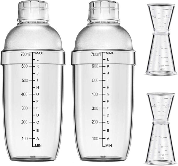 4 pcs Clear Cocktail Shaker Set, 2 pcs Plastic Bar Shaker with 2 pcs Plastic Double Measuring Jigger