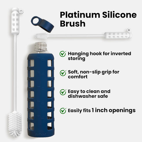 purifyou Platinum Silicone Water Bottle Cleaner Brush, Extra Long Handle 16 inch for Narrow Containers, White
