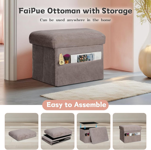 300 lbs, 17x13x13IN Ottoman with Storage, Folding Soft Fur Ottoman Foot Rest Stool with Thicker Furry Padded Seat.