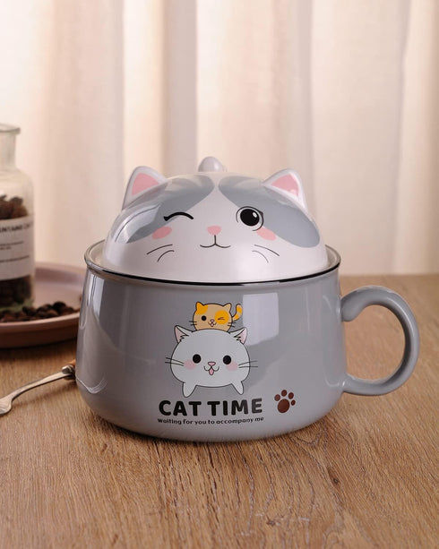 WHJY Cute Ramen Bowl Set, 35 oz Kitty Ramen Cooker with Lid, Microwavable Instant Ramen Noodles Soup Cups, Grey