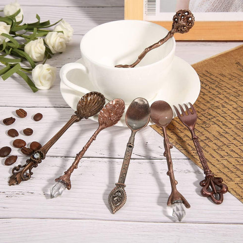 Fdit 6Pcs Vintage Carved Coffee Spoon Set, Retro Zinc Alloy Dessert Cutlery for Kitchen (Red Bronze)