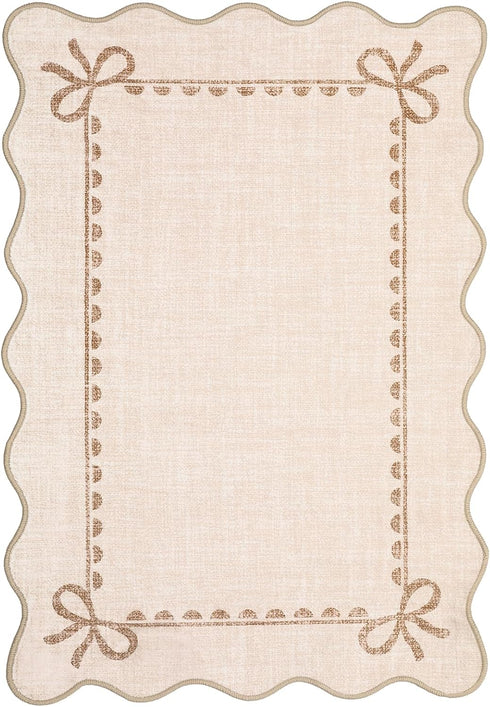 2x3 GarveeHome Scalloped Bow Rug for Kitchen Floor, Solid Beige Rug for Dorm, Washable Entryway Rugs Soft Low Pile Non