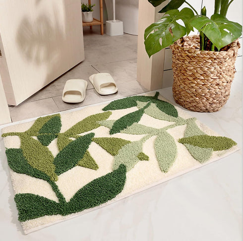 Green Leaves Bath Mats - Non-Slip Soft Microfiber Absorbent Doormat, Boho Carpet for Bathroom Floor