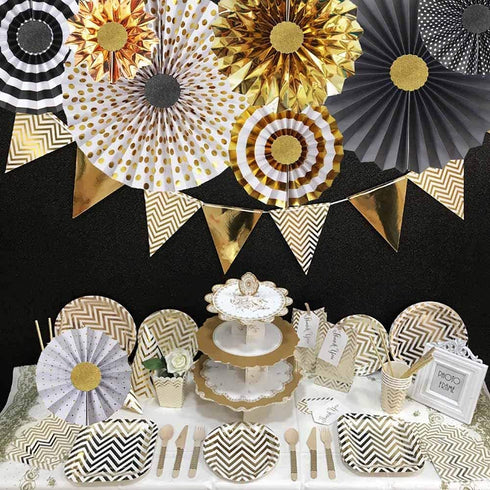 Set of 8 Gold Black Paper Fans Flower for Halloween Party Decorations, black2