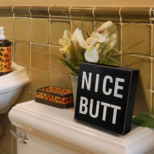 Funny Bathroom Signs Decor, Farmhouse Wooden Box Sign Wall Art, 6" Square Nice Butt